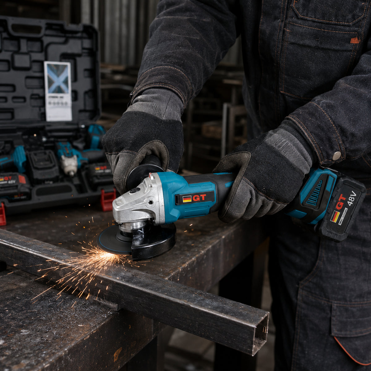 Набір акумуляторного інструменту 3в1 і набір ключів на 46 предметів в кейсі, 2АКБ, 48В, Синій / Шуроповерт / Гайковерт / Болгарка