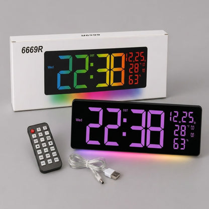 Настінний годинник, з пультом, від USB, RGB, 6669R, Чорний  / Годинник з календарем / Годинник на стіну / Електронний годинник