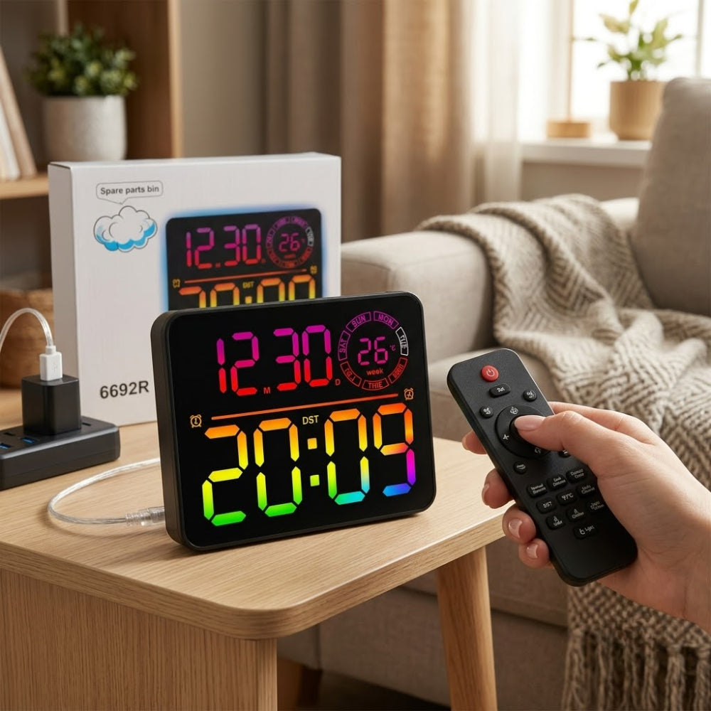 Настінний годинник з календарем та пультом, RGB, 6692R, Чорний / Годинник для дому / Електронний годинник / Годинник на стіну