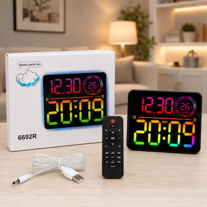 Настінний годинник з календарем та пультом, RGB, 6692R, Чорний / Годинник для дому / Електронний годинник / Годинник на стіну