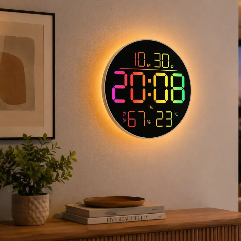 Настінний годинник з пультом, RGB, (25.5х3см), 6695R, Чорний / Годинник з календарем / Електронний годинник / Годинник на стіну
