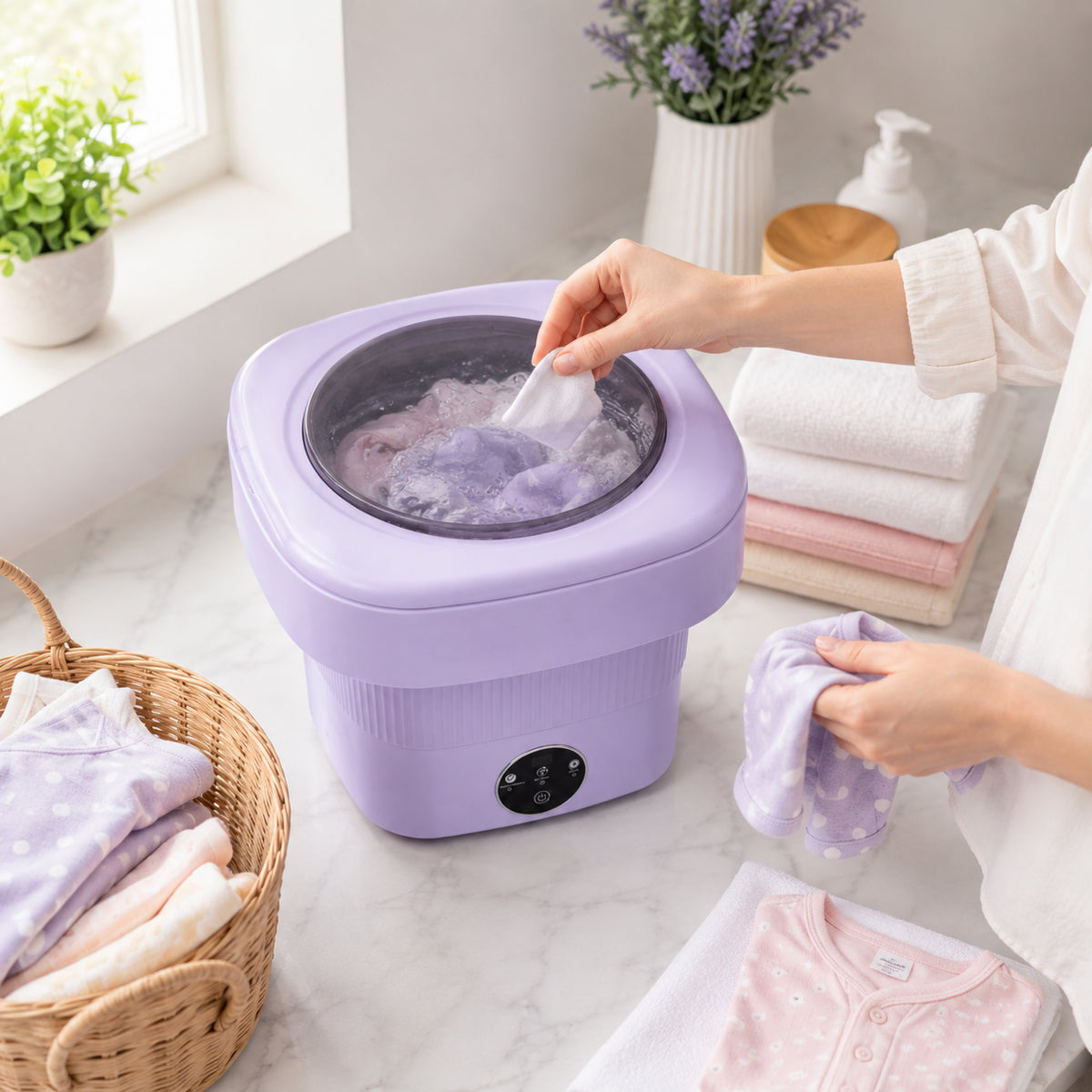 Складна міні пральна машина, з центрифугою, 6л, 36W, Фіолетова / Портативна пральна машина відро / Пралка для білизни