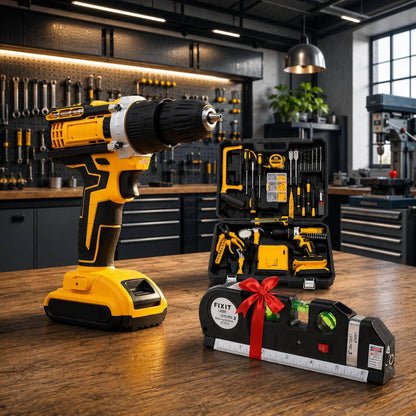 Шуруповерт акумуляторний 48V, 2 АКБ, Жовтий + Лазерний рівень LASER LEVELPRO3 / Дриль-шуруповерт