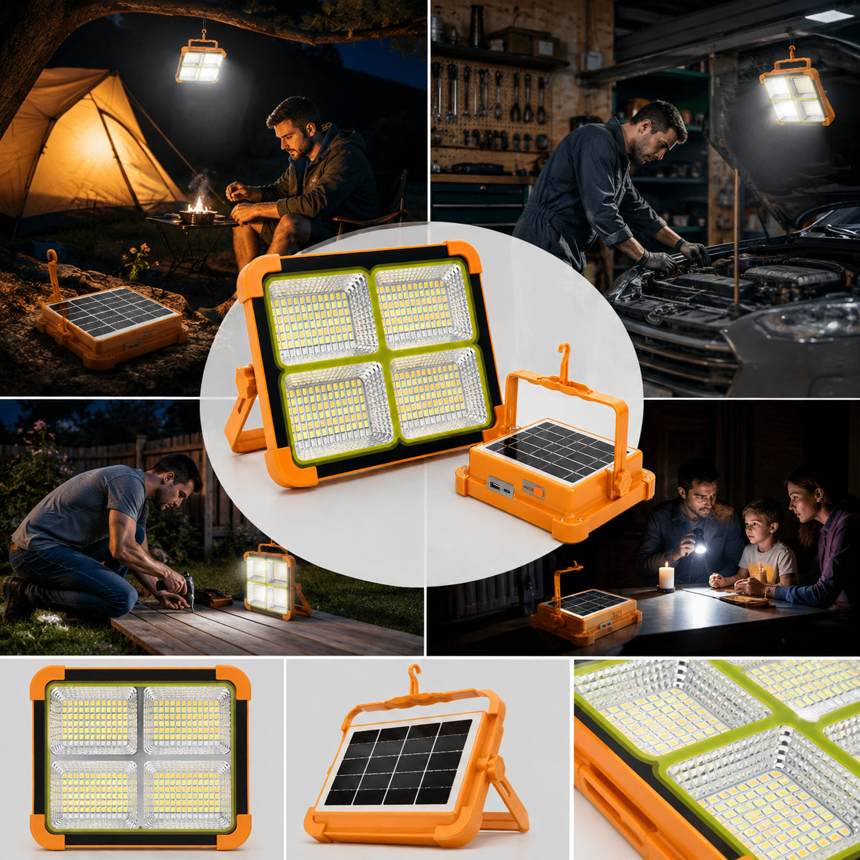 Акумуляторний LED-прожектор із сонячною панеллю, 2400 mAh, Помаранчевий / Кемпінговий ліхтар / Світлодіодний прожектор