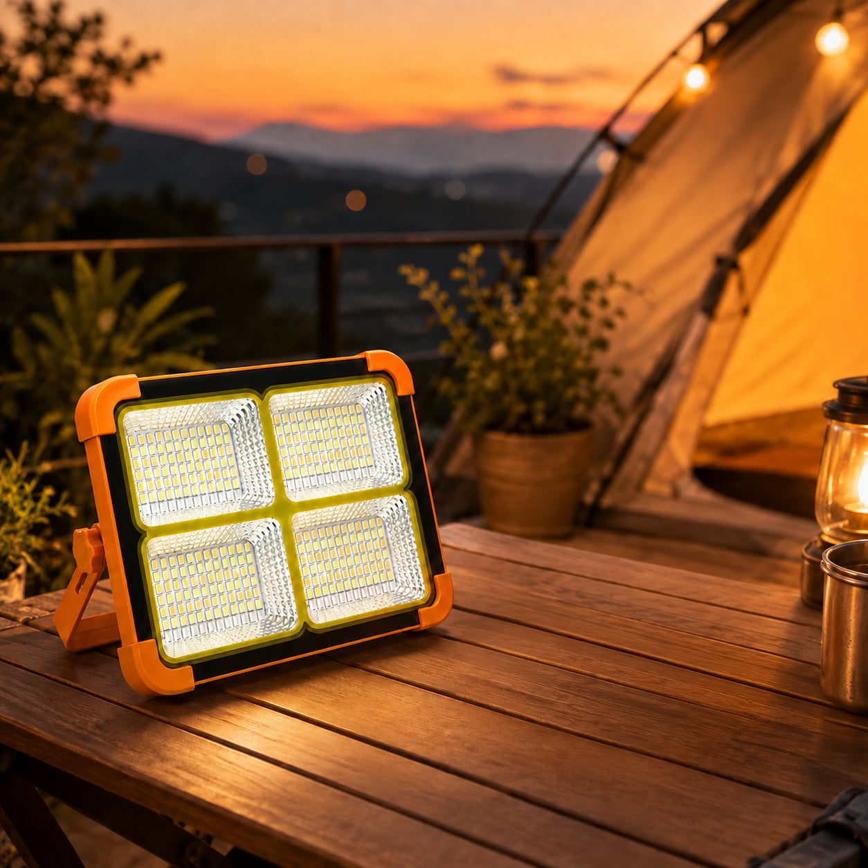Акумуляторний LED-прожектор із сонячною панеллю, 2400 mAh, Помаранчевий / Кемпінговий ліхтар / Світлодіодний прожектор