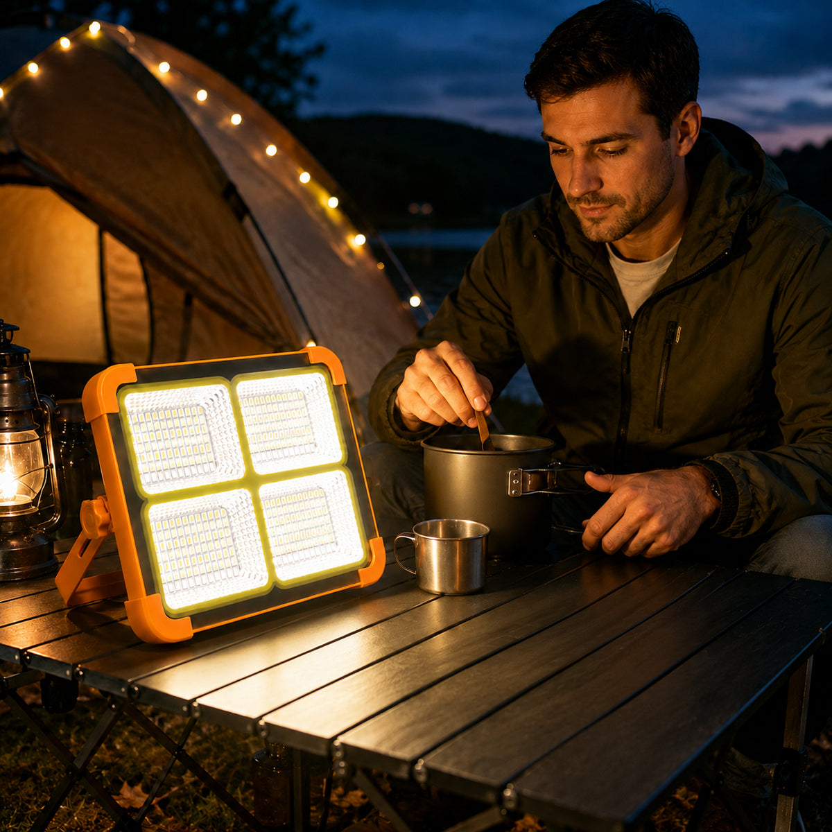 Акумуляторний LED-прожектор із сонячною панеллю, 2400 mAh, Помаранчевий / Кемпінговий ліхтар / Світлодіодний прожектор