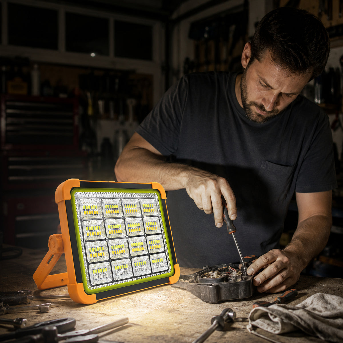 Акумуляторний LED прожектор із сонячною панеллю, 2400 mAh, IP66, Помаранчевий / Світлодіодний ліхтар Powerbank