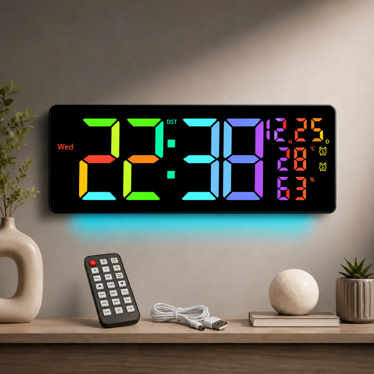 Настінний годинник, з пультом, від USB, RGB, 6669R, Чорний  / Годинник з календарем / Годинник на стіну / Електронний годинник