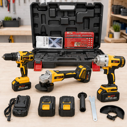 Набір акумуляторного інструменту 3в1 і набір ключів на 46 предметів в кейсі, 2АКБ, 48В, Жовтий / Шуроповерт / Болгарка / Гайковерт